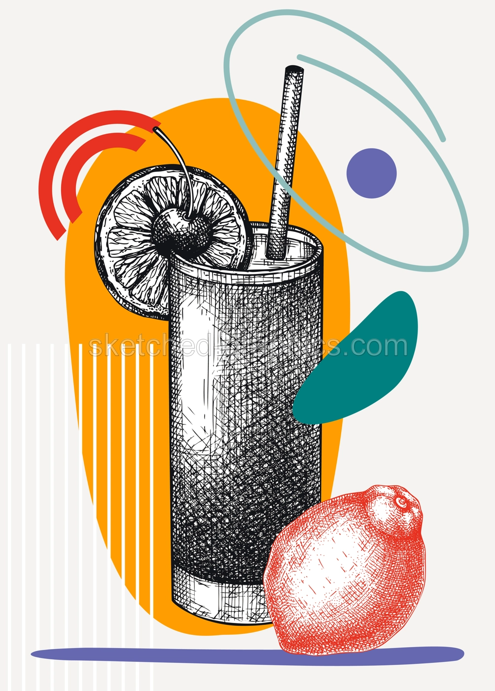 Collage style Tequila sunrise cocktail illustration. Vector trendy with alcoholic drink in elegant glass. A tropical cocktail with geometric and abstract shapes for bar menu, print, poster, wall art. Illustration